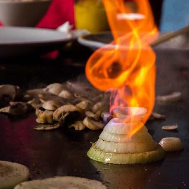 Hibachi flames at Suehiro teppanyaki grill