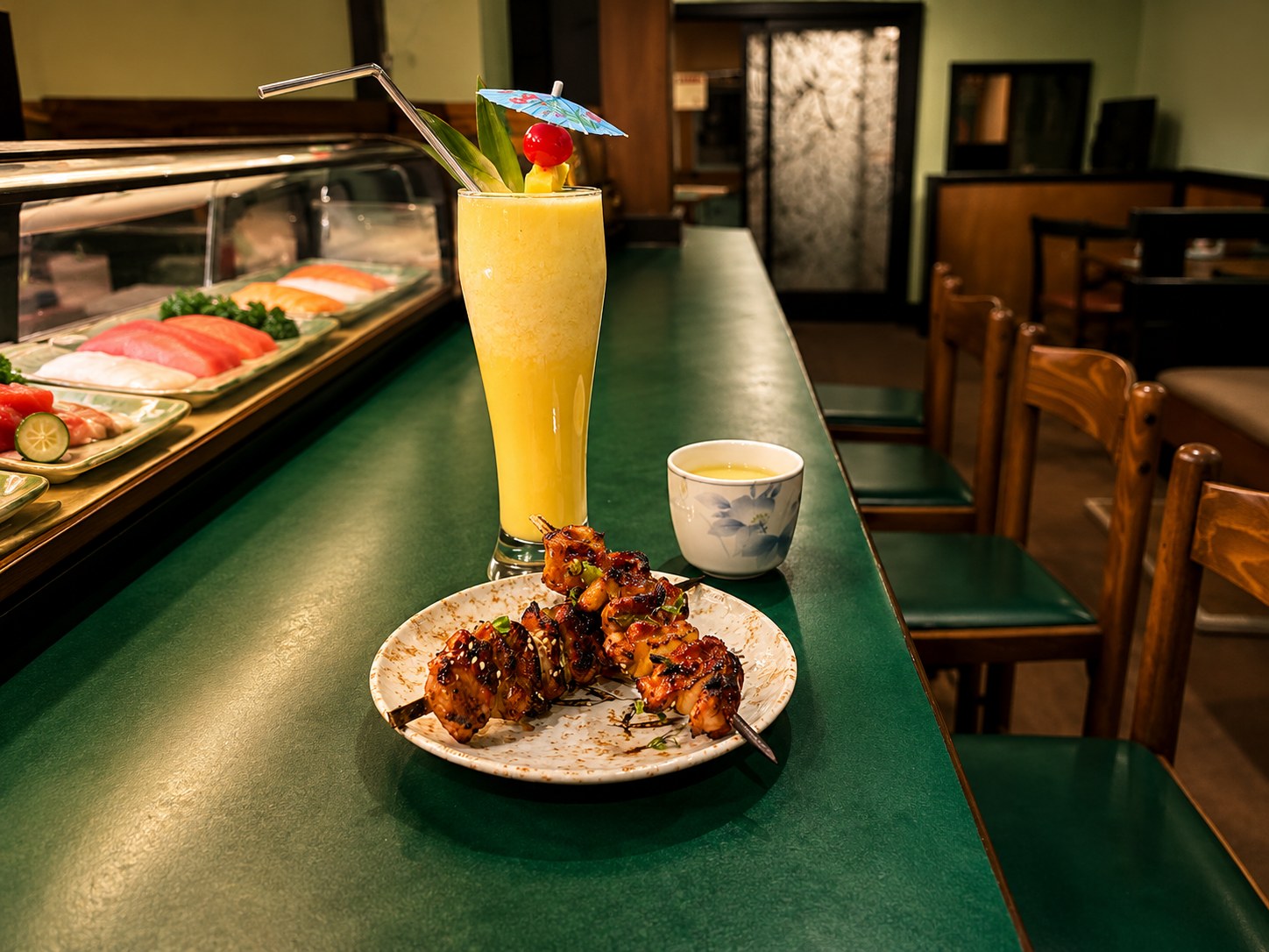 Food and tropical drink along Suehiro's green restaurant counter